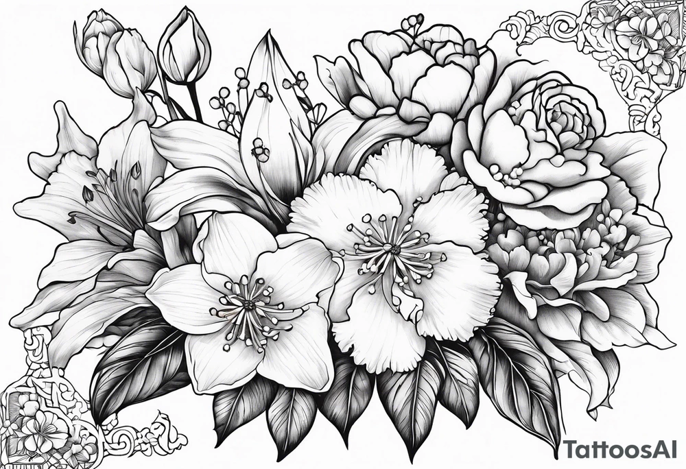 Bouquet
with 1 snowdrop flower 2 carnations 1 rose 1 lily of the valley 1 daffodil 1 peony tattoo idea