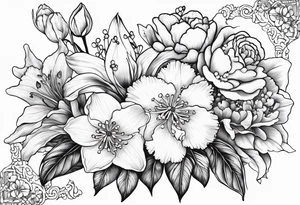 Bouquet 
with 1 snowdrop flower 2 carnations 1 rose 1 lily of the valley 1 daffodil 1 peony tattoo idea