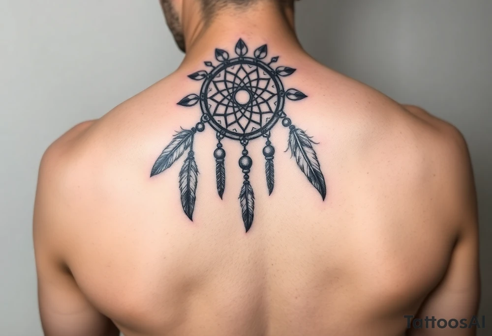 native dreamcatcher with flowing feathers and sacred beads tattoo idea