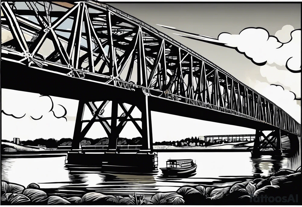 70's poster art, pop art, simple, view from under steel truss cantilever bridge tattoo idea