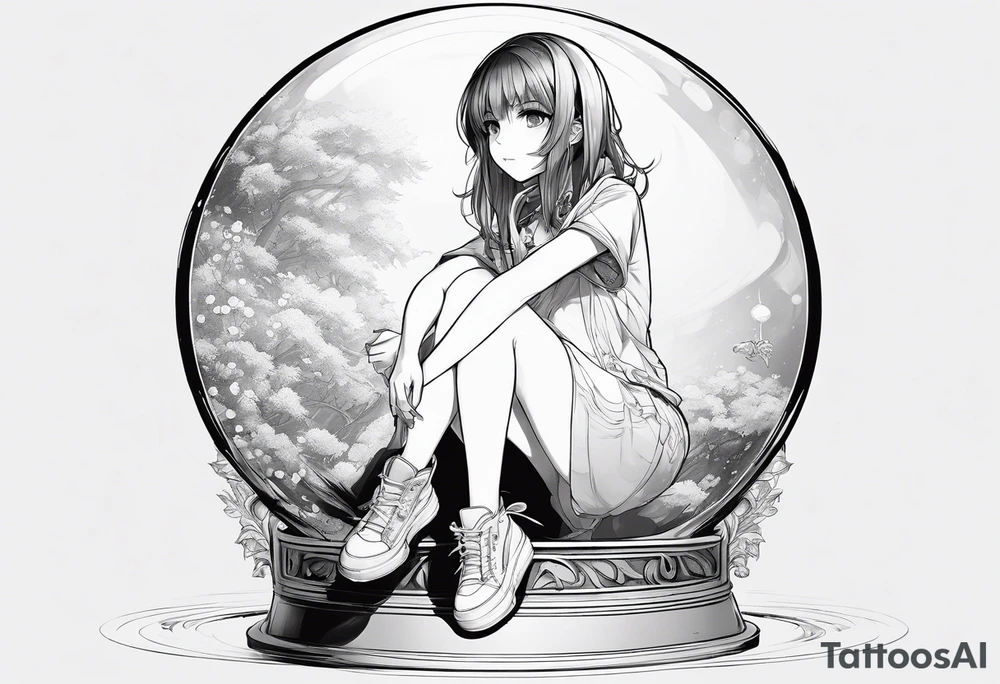 an anime girl sitting on a small sphere, staring front tattoo idea