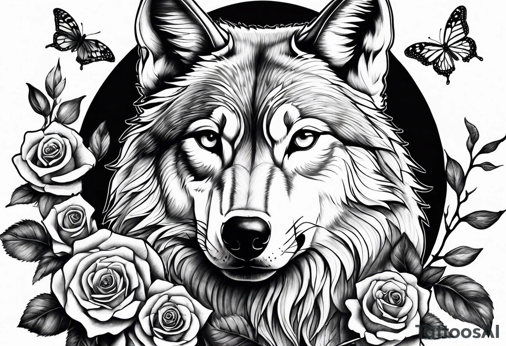 Wolf and butterfly and rose tattoo idea
