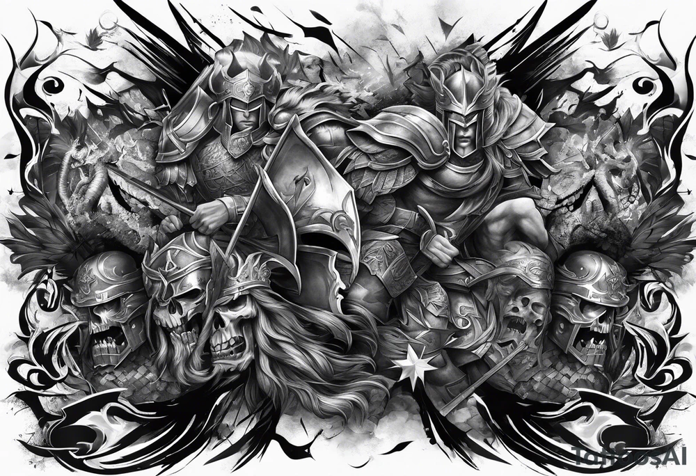 Full Leg sleeve of the battle of 300 tattoo idea