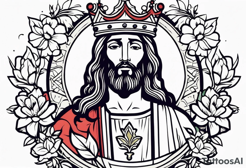jesus with crown

old school vintage simple traditional design with vintage flowers surrounding
bold color simple tattoo idea
