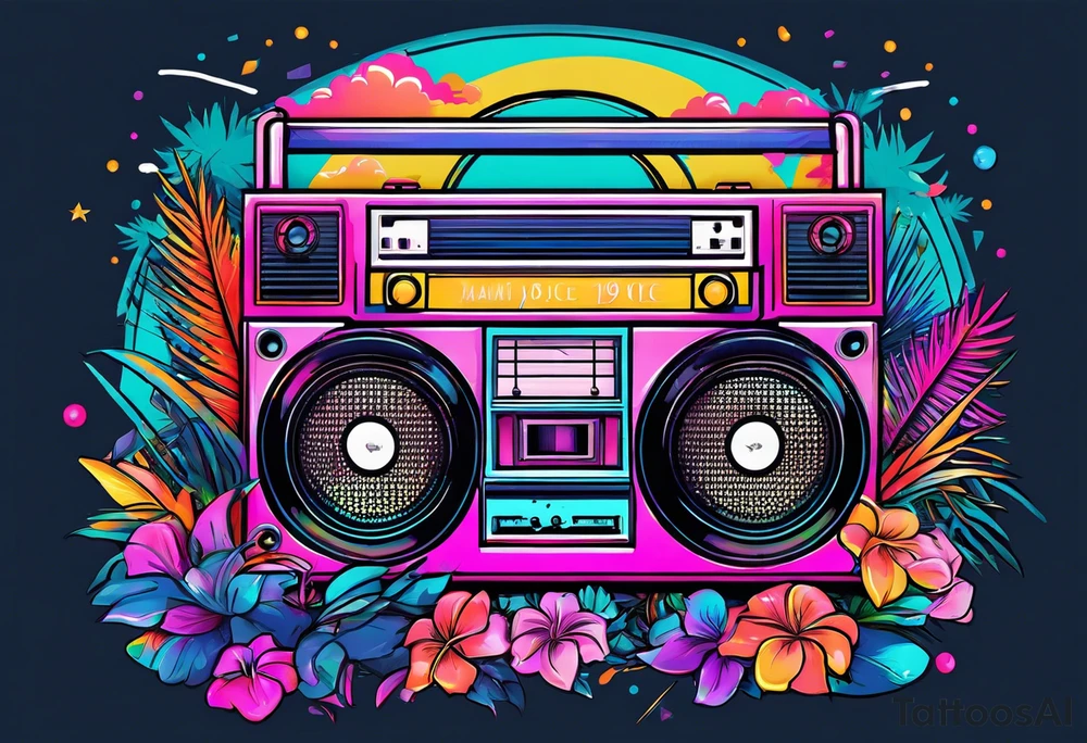 1980's miami vice style dance party with boom box, confetti, music notes in a retro eighties beach theme tattoo idea