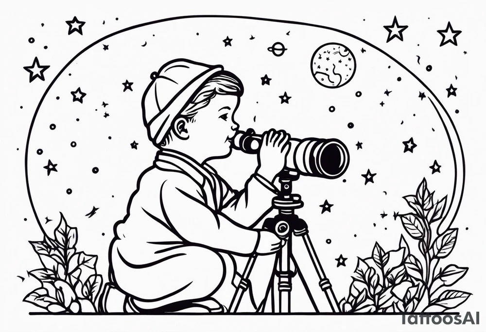 Small baby in a lab coat looking up at the stars through a telescope tattoo idea