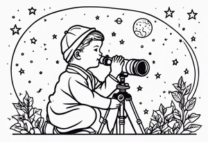 Small baby in a lab coat looking up at the stars through a telescope tattoo idea