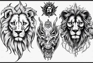 Lion skull tattoo and leqves tattoo idea