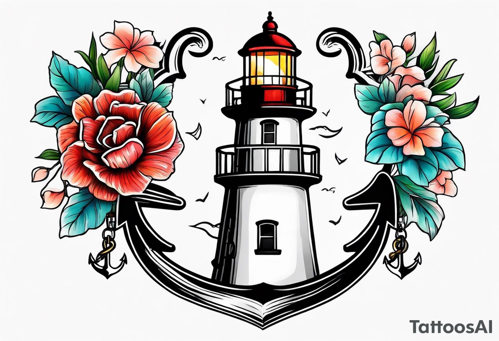 Lighthouse anchor and flowers tattoo idea