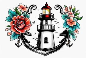 Lighthouse anchor and flowers tattoo idea
