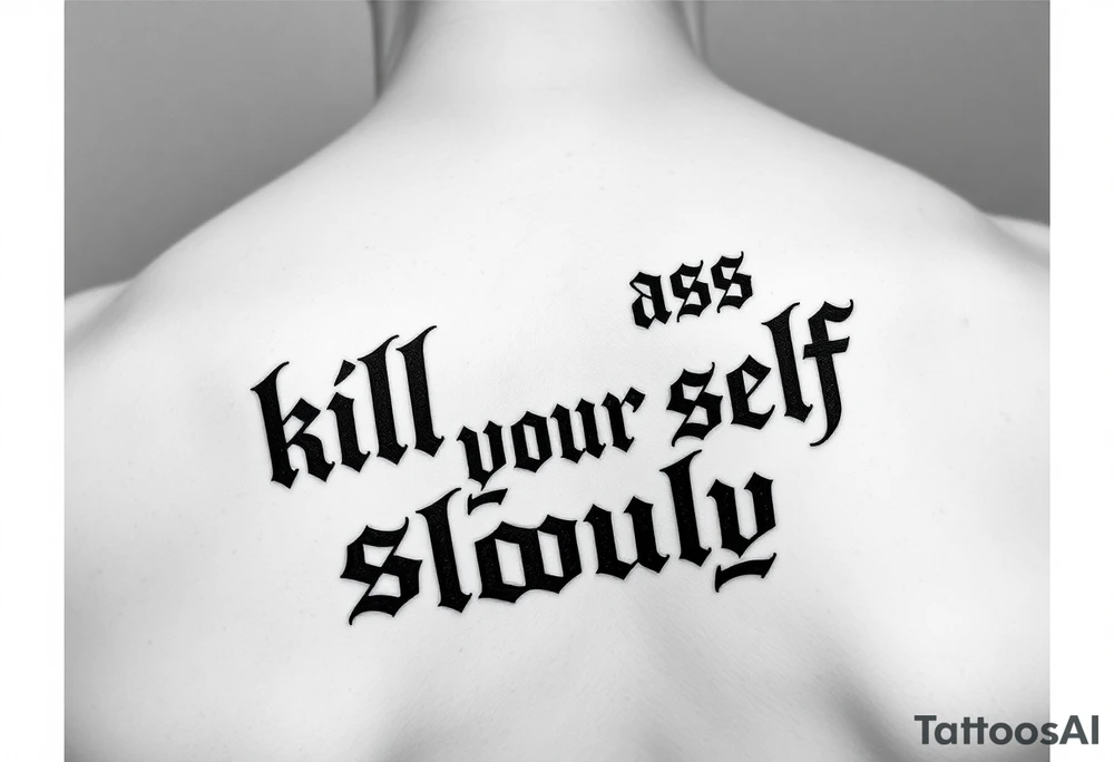 Bad ass old English lettering that says  “kill your self slowly” outline black and white tattoo idea