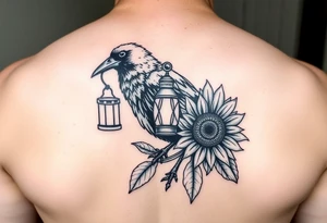 neotraditional crow with lantern and sunflower tattoo idea