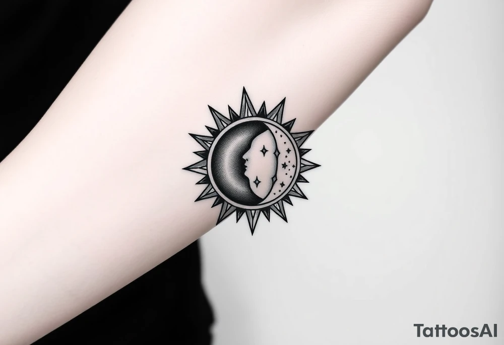 celestial sun and moon embrace with constellation patterns tattoo idea