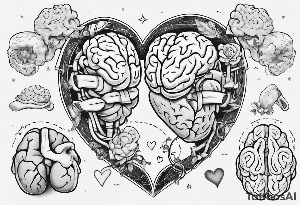 Heart and brain in line art, held down by a woman's hand holding them by string tattoo idea