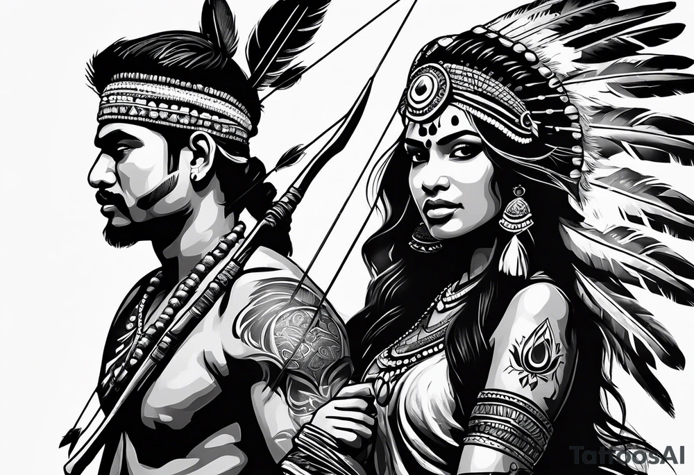 tribal indian couples with bow and arrows tattoo idea