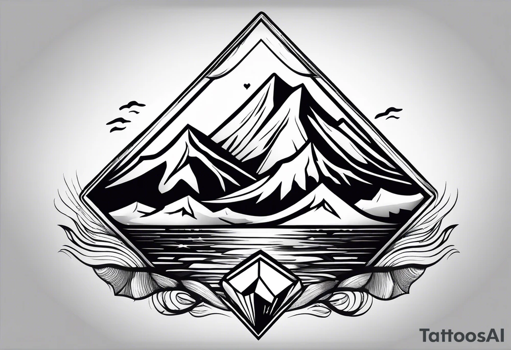 Mountains and ocean waves in a diamond shape tattoo idea