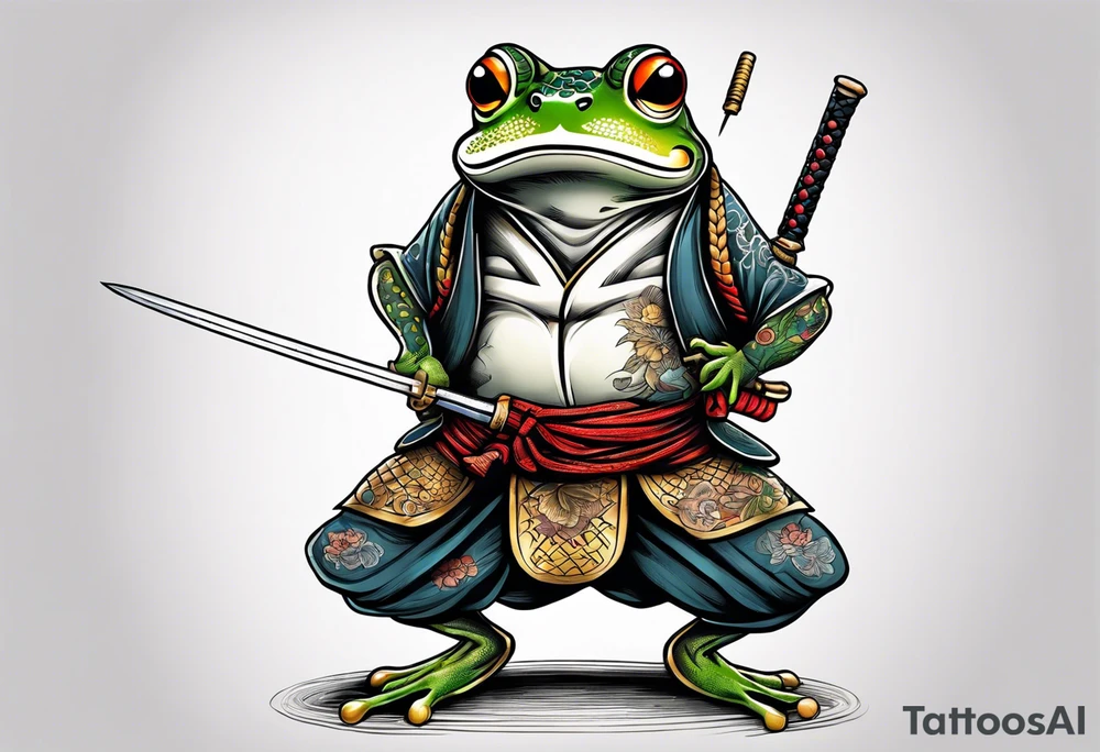 Samurai Frog with Japanese tattoos stand on one leg  with a tattoo needle instead of a sword tattoo idea