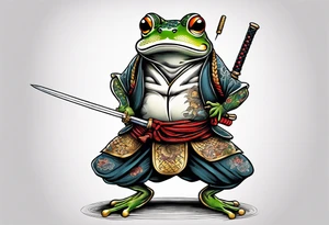 Samurai Frog with Japanese tattoos stand on one leg  with a tattoo needle instead of a sword tattoo idea