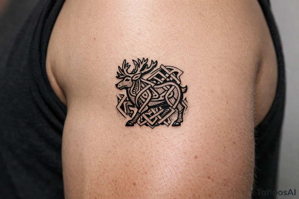 Caribou in Norse knot work open line concept mammen style stipple shading tattoo idea