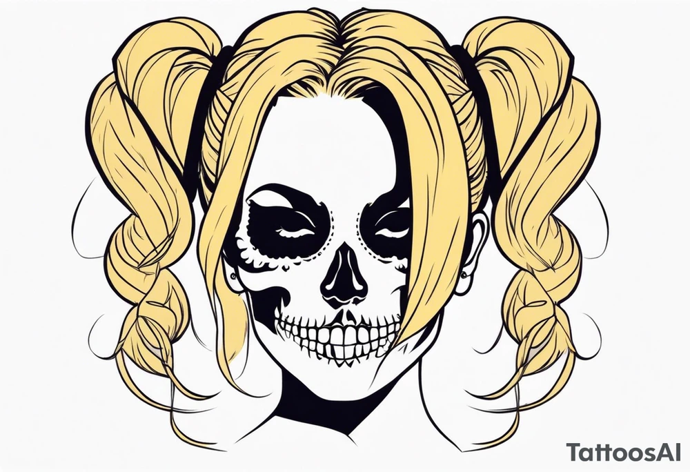 feminine skull  with hair in two blonde pigtails and crossbones underneath tattoo idea