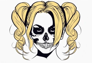 feminine skull  with hair in two blonde pigtails and crossbones underneath tattoo idea