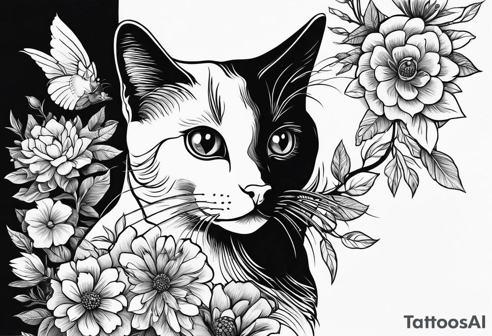 Cat looking up at a cardinal bird surrounded by flowers tattoo idea