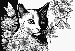 Cat looking up at a cardinal bird surrounded by flowers tattoo idea