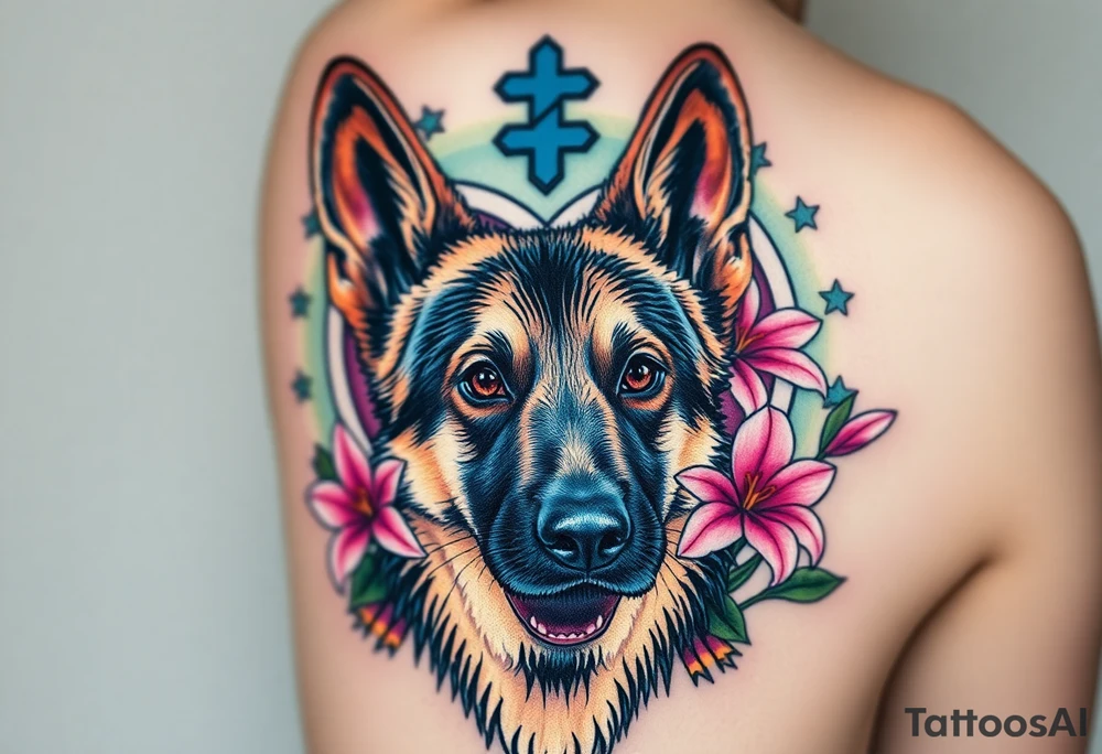 realistic german shepherd with alert ears looking protective with pink lilies in front of a sacred heart tattoo idea