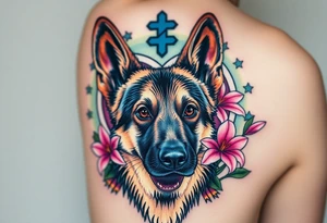 realistic german shepherd with alert ears looking protective with pink lilies in front of a sacred heart tattoo idea