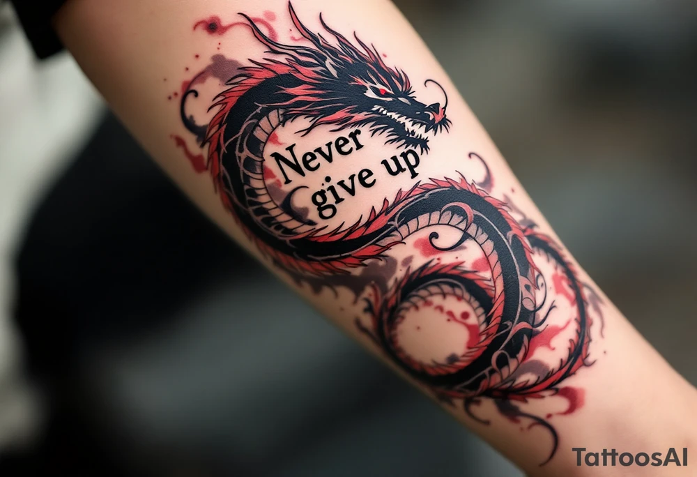 "Never give up" wrapped in the coils of a black and deep red dragon, representing power and perseverance. tattoo idea