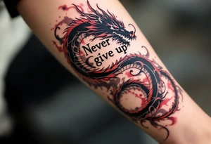"Never give up" wrapped in the coils of a black and deep red dragon, representing power and perseverance. tattoo idea