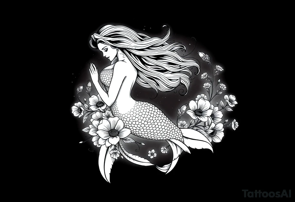 ethereal mermaid with flowing hair among coral and sea flowers tattoo idea