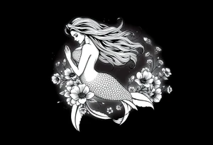 ethereal mermaid with flowing hair among coral and sea flowers tattoo idea
