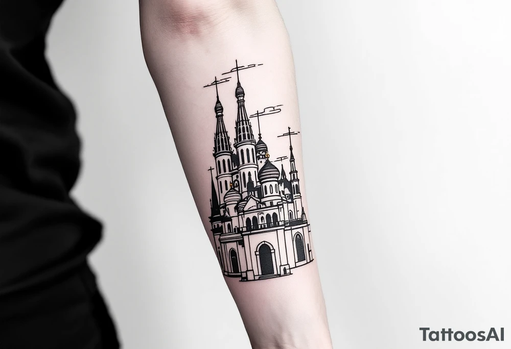 Creative barcelona architecture leg sleeve tattoo idea