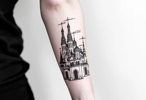 Creative barcelona architecture leg sleeve tattoo idea