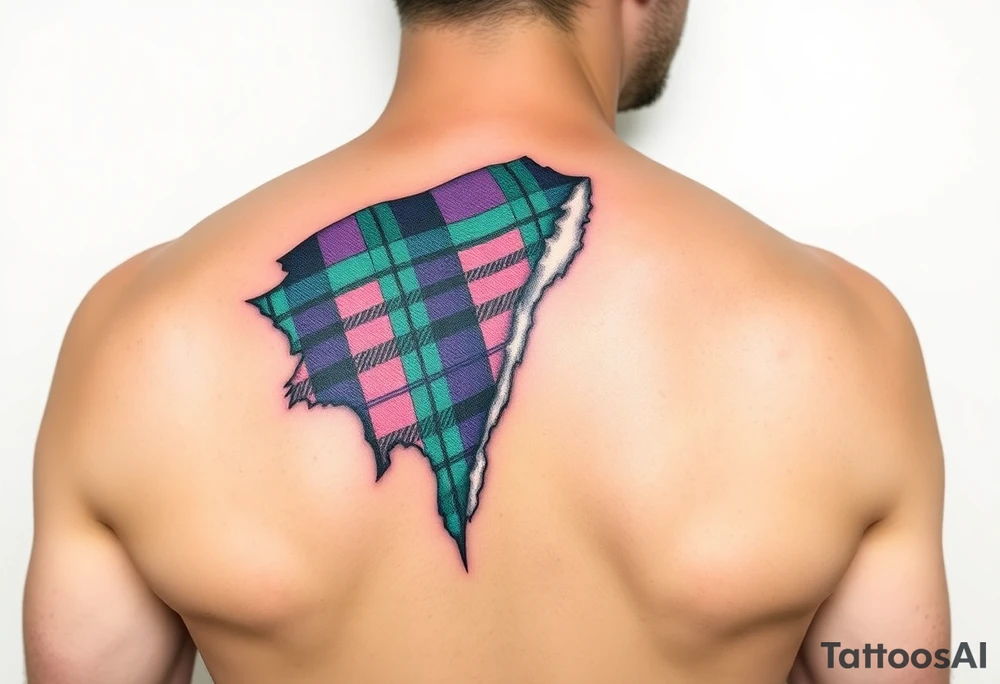 Side of arm Dark Purple with green pink blue and white highlights tartan fabric with flesh peeling away at edges tattoo idea