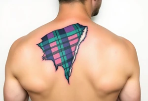 Side of arm Dark Purple with green pink blue and white highlights tartan fabric with flesh peeling away at edges tattoo idea