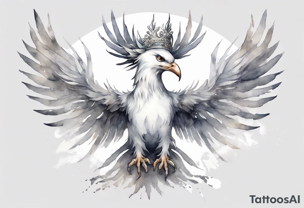 a white phoenix wearing a grey diadem crown tattoo idea