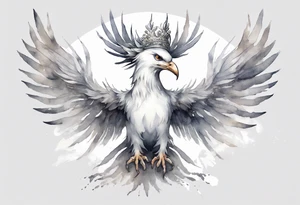 a white phoenix wearing a grey diadem crown tattoo idea