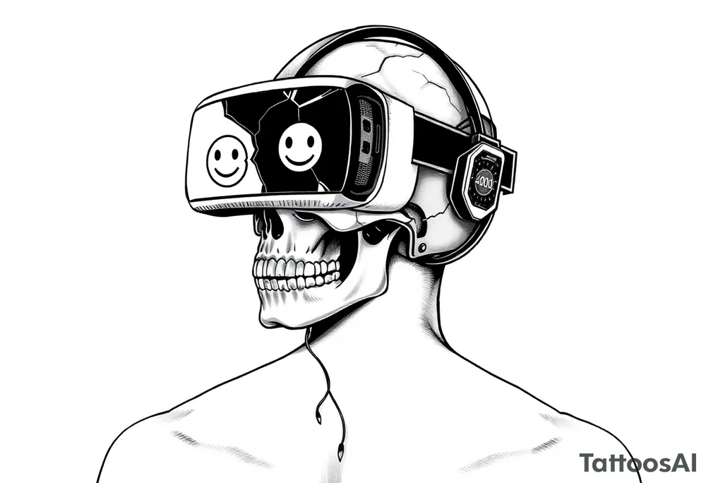Neon Skull in a Cracked VR Headset
A human skull wearing a cracked VR headset.
The headset's screen flickering between a smiling emoji and a 404 ERROR screen.
Wires dangling like tendrils, connecting the skull to something unseen. tattoo idea