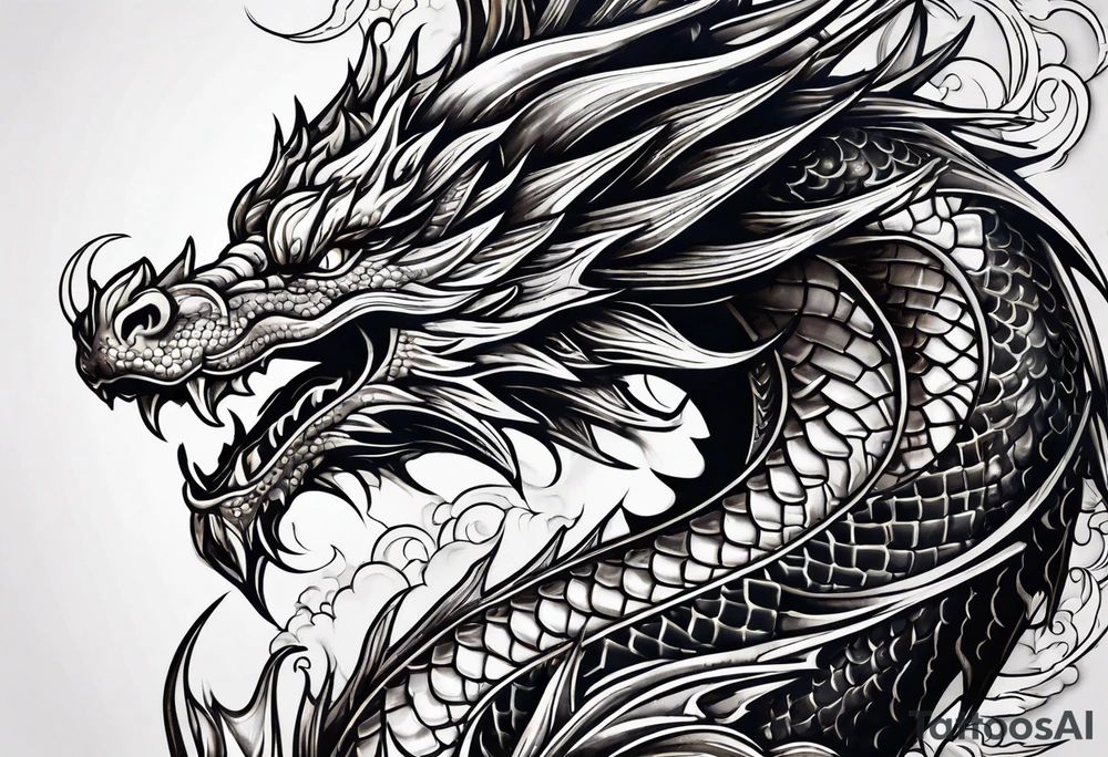 An ornate dragon breathing fire, with intricate scales and a fierce expression, symbolizing power and protection.” tattoo idea
