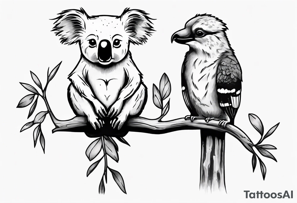 A koala with a kookaburra sitting on a eucalyptus tree tattoo idea A koala with a kookaburra sitting on a eucalyptus tree tattoo idea