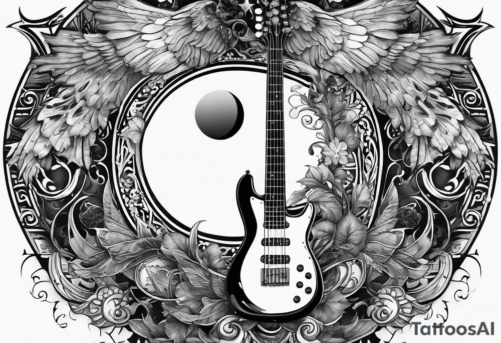 Collage for full sleeve with:
2 stars, 
1 quarter moon, 
a bass guitar, 
a caduceus symbol tattoo idea
