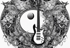 Collage for full sleeve with:
2 stars, 
1 quarter moon, 
a bass guitar, 
a caduceus symbol tattoo idea