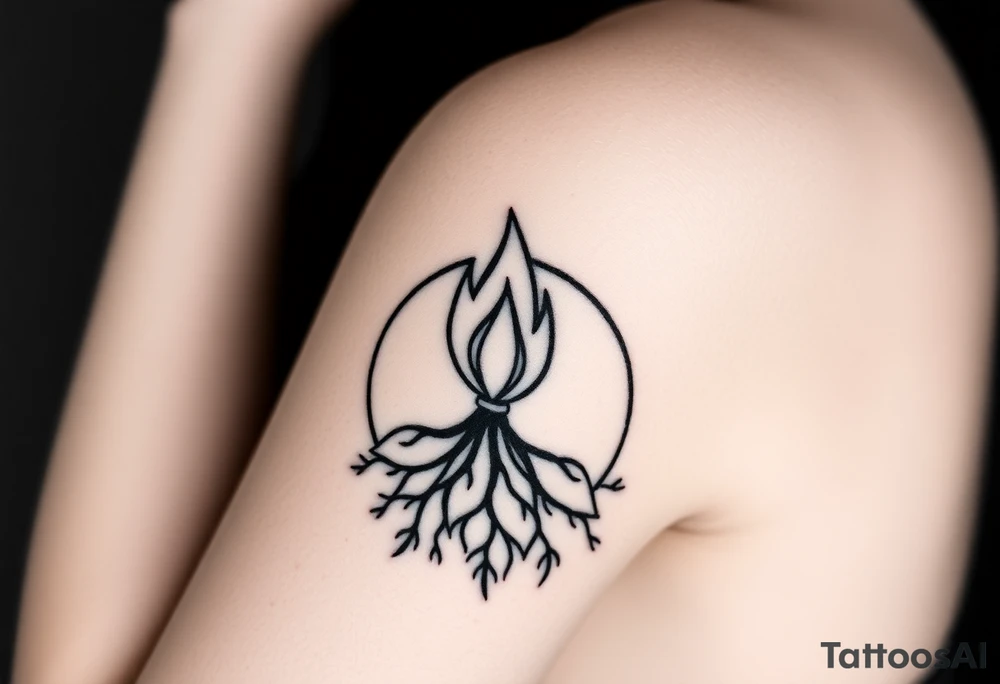 flame in a blooming roots circle tattoo idea