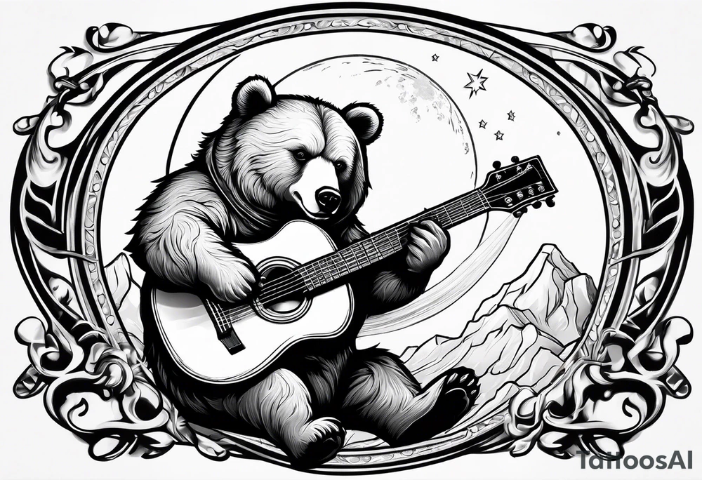 bear on the moon playing guitar tattoo idea