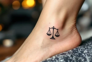 A tiny vivid  star constellation in white from inside a black-ink outline of Libra symbol on the ankle. tattoo idea