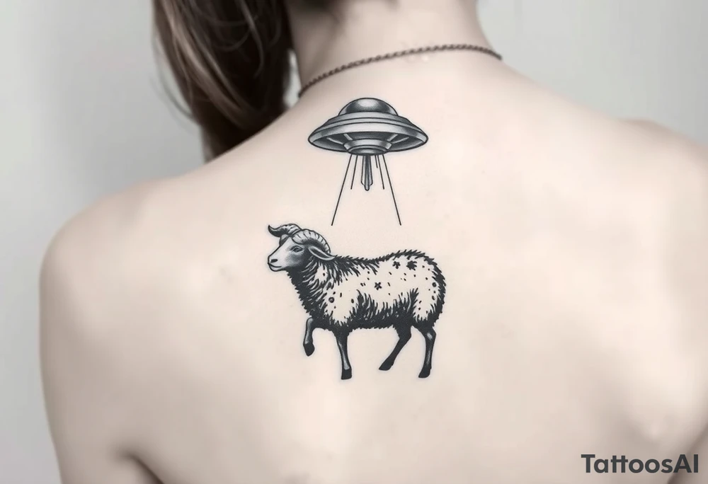 UFO abducting a black sheep. No color. Black and gray scale on back of arm above elbow tattoo idea