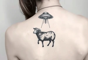UFO abducting a black sheep. No color. Black and gray scale on back of arm above elbow tattoo idea