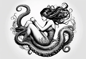 Octopus wrapped around leg.  Holding a smaller mermaid look up at her in aspiration tattoo idea